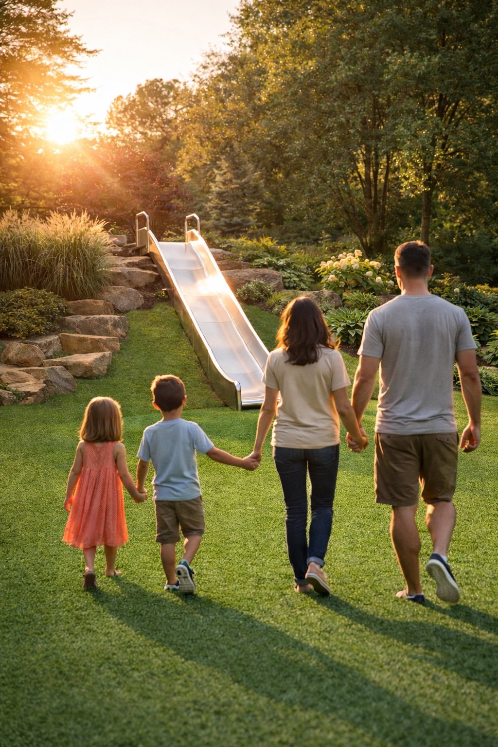 A family entering a park designed with the economics of custom play and durable stainless steel in mind.