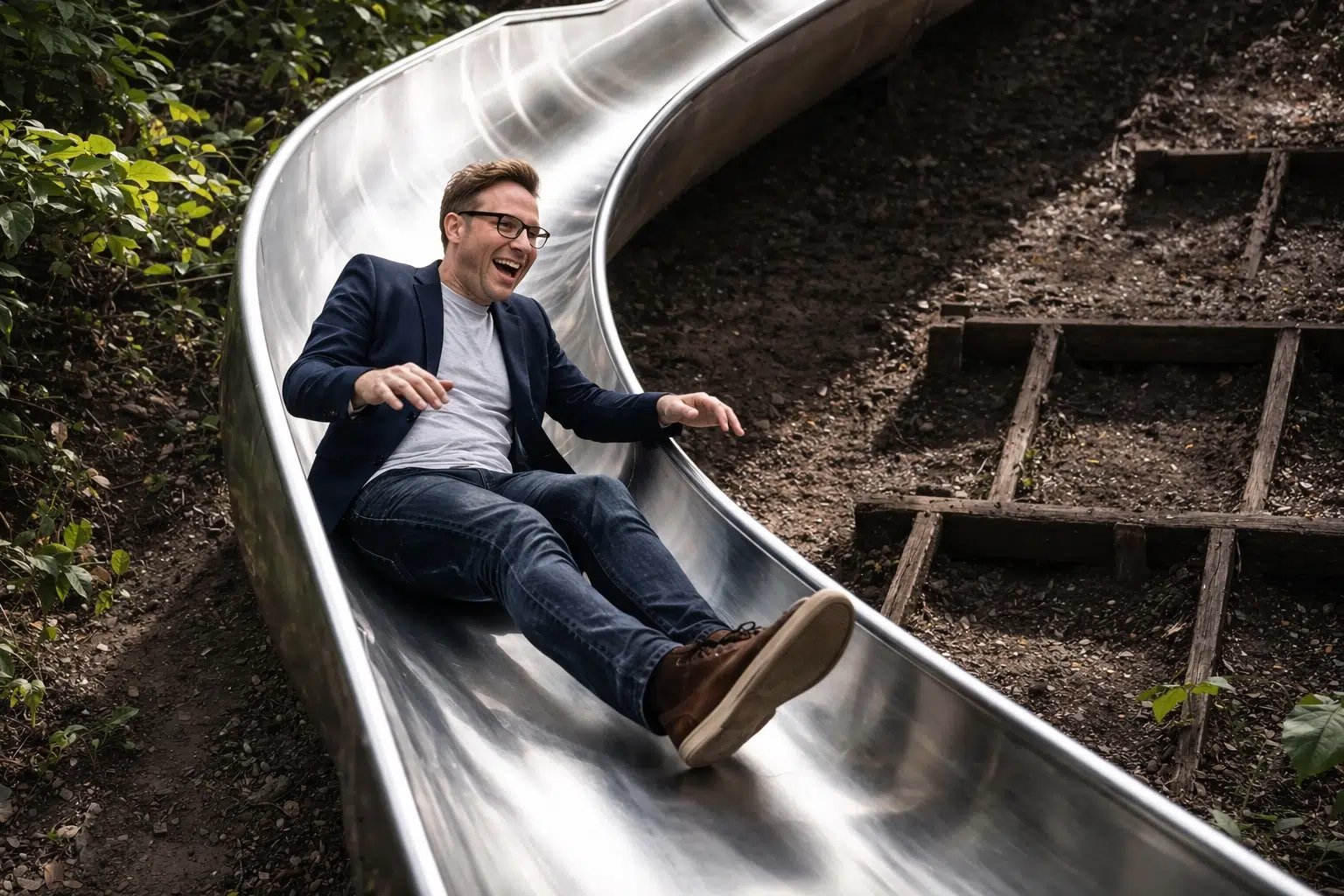 An adult man laughing as he exits a Landrec stainless steel slide, showing the full-scale sensory reset experience.
