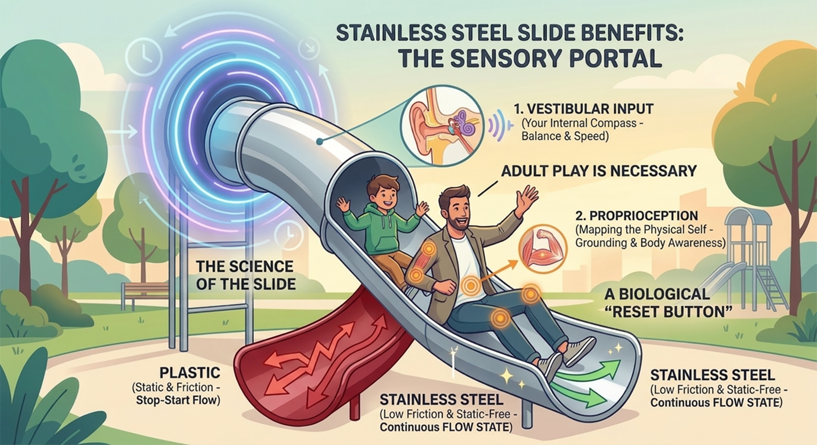 Diagram illustrating stainless steel slide benefits and sensory portal science