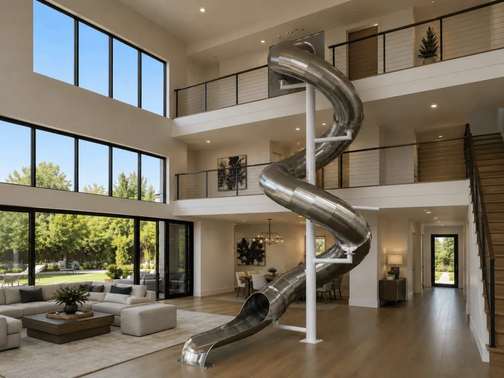 Custom indoor stainless steel slide in luxury living room