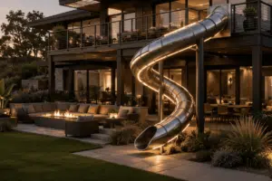 Custom outdoor spiral stainless steel slide on residential deck